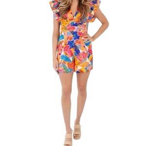 J. MARIE The Alana Ruffle Romper Multicolored Floral Print Size L New
